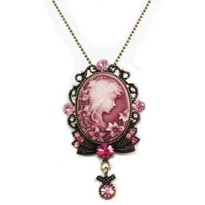 Beautiful Large Pink Cameo Floral Woman Charm Necklace 