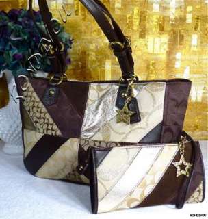NWT COACH BROWN SIGNATURE PATCHWORK GOLD LEATHER LARGE TOTE BAG 