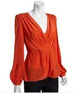 BCBGMAXAZRIA saffron silk smocked shoulder split sleeve blouse style 