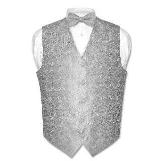   Mens Solid SILVER Paisley Dress Vest BOWTIE Set for Suit or Tuxedo