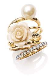 Ariella Collection Flower & Faux Pearl Stack Rings (Set of 5 