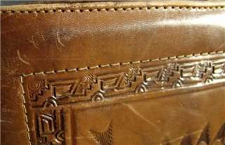 Vintage 1950s Lined Hand Tooled Engraved Leather Handbag Purse Mayan 