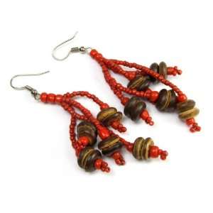  Coconut Shell and Red Fried Bead Dangle Earrings, 3 