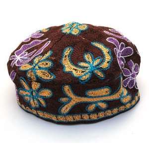  Brown Traditional Bucharian Embroidered Cotton Kippah Hat 