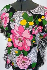 Vintage 60s 70s Psychedelic Flower Print Hippie Poly Shirt Blouse Lace 