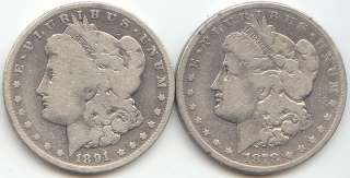 Carson City Morgan Silver Dollar, 1878 CC, 1891 CC, Both Good 