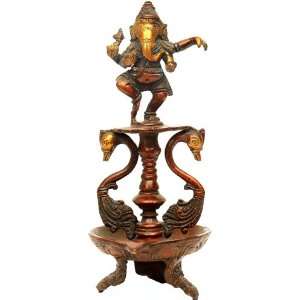  Dancing Ganesha Lamp with Peacock Pair   Brass Sculpture 