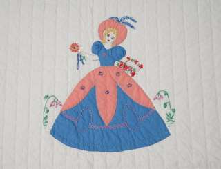 RARE 30s Vintage Fancy Lady Applique Hand Stitched Antique Quilt 