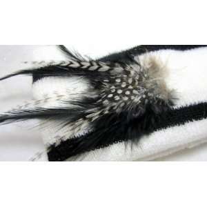    White and Black Winter Knit Ear Warmer Headband Feathers: Beauty