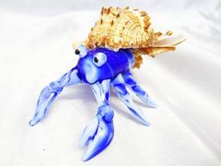 New Hand Blown Glass Blue and White Hermit Crab Figurine with a 