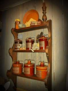   Gathering Open Cupboard~Stoneware Crocks~Pie Tin~Candles~Towels~Herbs