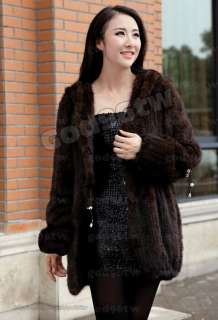 100% Real Genuine Knit Mink Fur with Hood Long Coat Outwear Jacket 