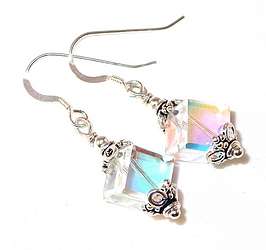   CRYSTAL ELEMENTS 8mm Cube Sterling Silver Dangle Earrings CLEAR AB