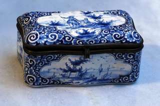 Antique French Faience Box Blue & White Figural  