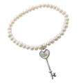 Sterling Silver Freshwater Pearl and Heart Key Charm Stretch Bracelet 