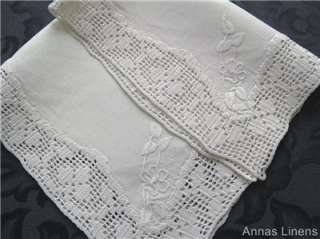 Vintage Linen Traycloth Filet Crochet Lace & Embroidery  