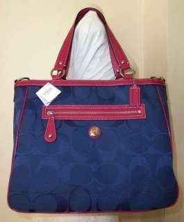 NWT COACH LARGE LAURA SIGNATURE TOTE NAVY/PINK 14941  