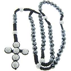   Hematite and Czech Crystal Macrame Rosary Necklace  
