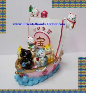   Money Fook Luck Cat Treasure Boat Maneki Neko Lucky Cat Figure  