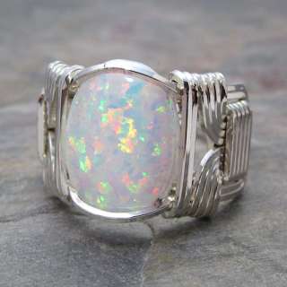 White Fire Man Made Opal Cabochon Sterling Silver Wire Wrapped Ring 