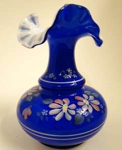 FENTON ART GLASS HP COBALT BLUE OVERLAY VASE w /FLORAL DECOR (FLOWERS 