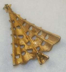 Vintage Green Rhinestone Christmas Tree Pin Brooch Gold & Silver Tone 