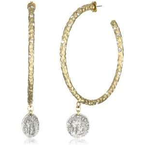   Hammered Gold with Clear Crystal and Antique Silver Coin Hoop Earrings