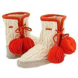 Kate Spade Zzee Off White Cable Knit/Orange Felt Pom Pom/Lace Slippers 