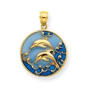  14K Blue Stained Glassed Double Dolphins Pendant: Jewelry