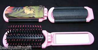 PINK COMPACT FOLDABLE PURSE HAIR BRUSH WITH MIRROR NEW  