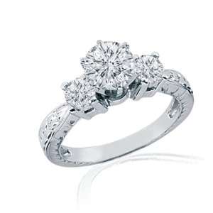   Round Diamond 3 Stone Vintage Engagement Ring Engraved 14K H COLOR GIA
