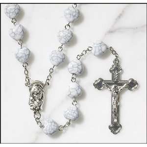 White Crackled Heart Rosary with Our Lady of the Rosary Mysteries Holy 