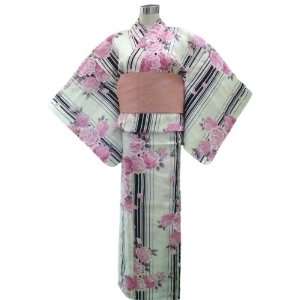  Kimono Yukata Black & White Stripe and Pink Rose Flowers 