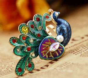 Free new rhinestone ethnic jewelry Adjust Multicolor Peacock Animal 