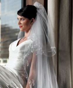 Tier White Floor Length Wedding Veil Embroidered Edge  
