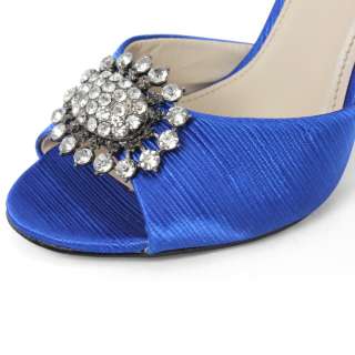 SHOEZY womens blue satin rhinestones buckle peep toe dress high heels 