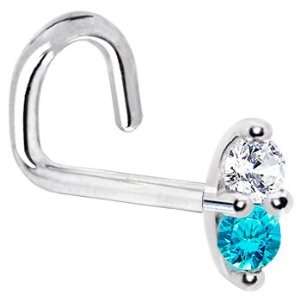   LEFT Nostril   14K White Gold Mint Green 1.5mm CZ Marquise Nose Ring