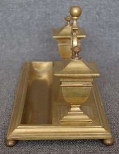1800S ANTIQUE BRASS MUSIC LYRE DOUBLE INKWELL INKSTAND  