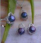 9mm Black Akoya Pearl Necklace& Earring &Ring Set AAA