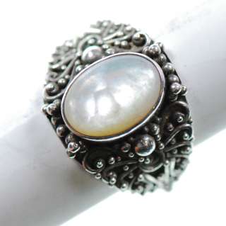   Sterling Silver   Ornate Handmade White Oval Opal   Ring (10) XB376