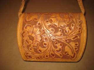   Tooled Honey Tan Leather Deer Flower Turnlock Saddle Satchel Purse Bag
