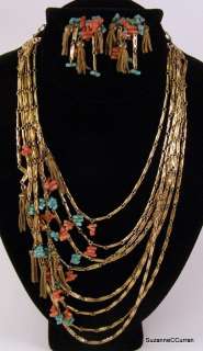Vintage Turquoise & Coral Goldtone Necklace & Earrings  