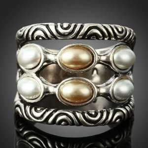  6 Ivory Cream Pearls Cocktail Party 18k White Gold Gp Ring 