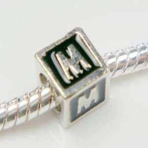 Antique Silver Black Enamel Dice Cube Letter M Spacer Bead Charm For 