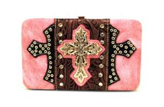 Pink Western Tooled Cross Handbag Purse Flat Wallet Set  