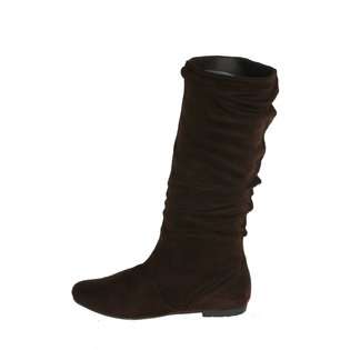   Flat bottom wrinkled suede tall boots Brown  Shoes Womens View All