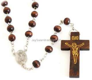 New Rosary Necklace Chain Wooden Cross 27 Long Brown  