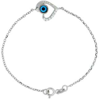   75 in. Cable Link Chain Bracelet w/ Jeweled Heart Evil Eye Charm