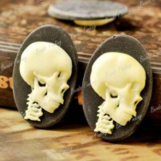 4pcs 36x24.5mm Flatback Vintage Oval Skull Cameo Resin Cabochons Black 