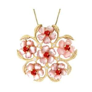 14K Yellow Gold PinK Exotic Floral Bouquet Medallion Pendant with 